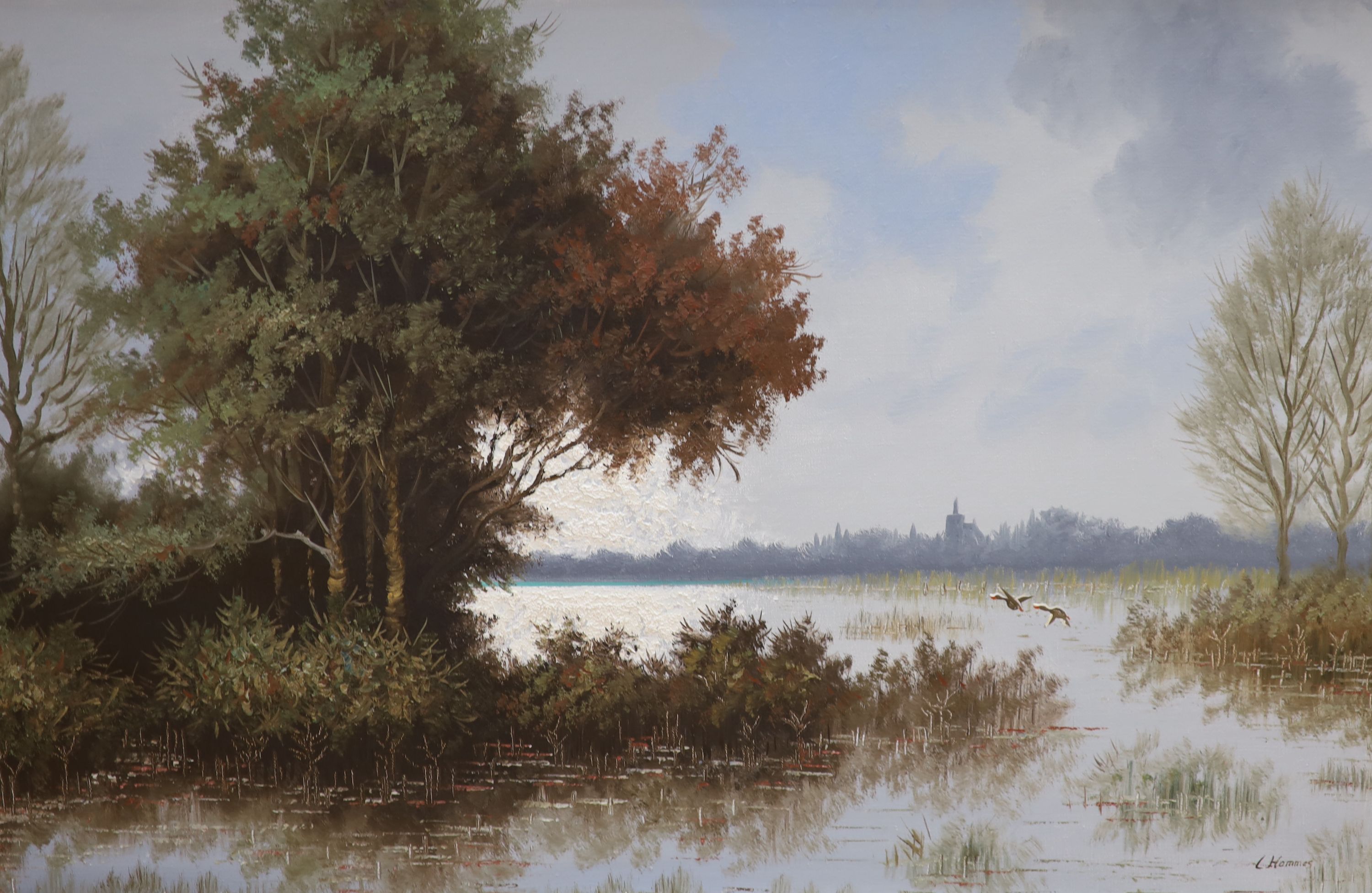 C* Hommes (20th century), oil on canvas, lake scene with ducks, 60 x 90cm